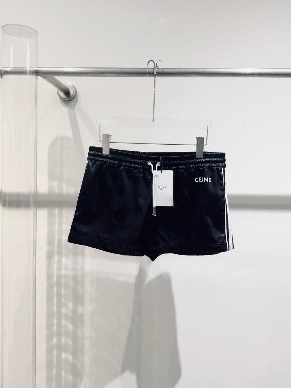 🚩steal Celine Black Satin Athletic Shorts with White Side Stripes